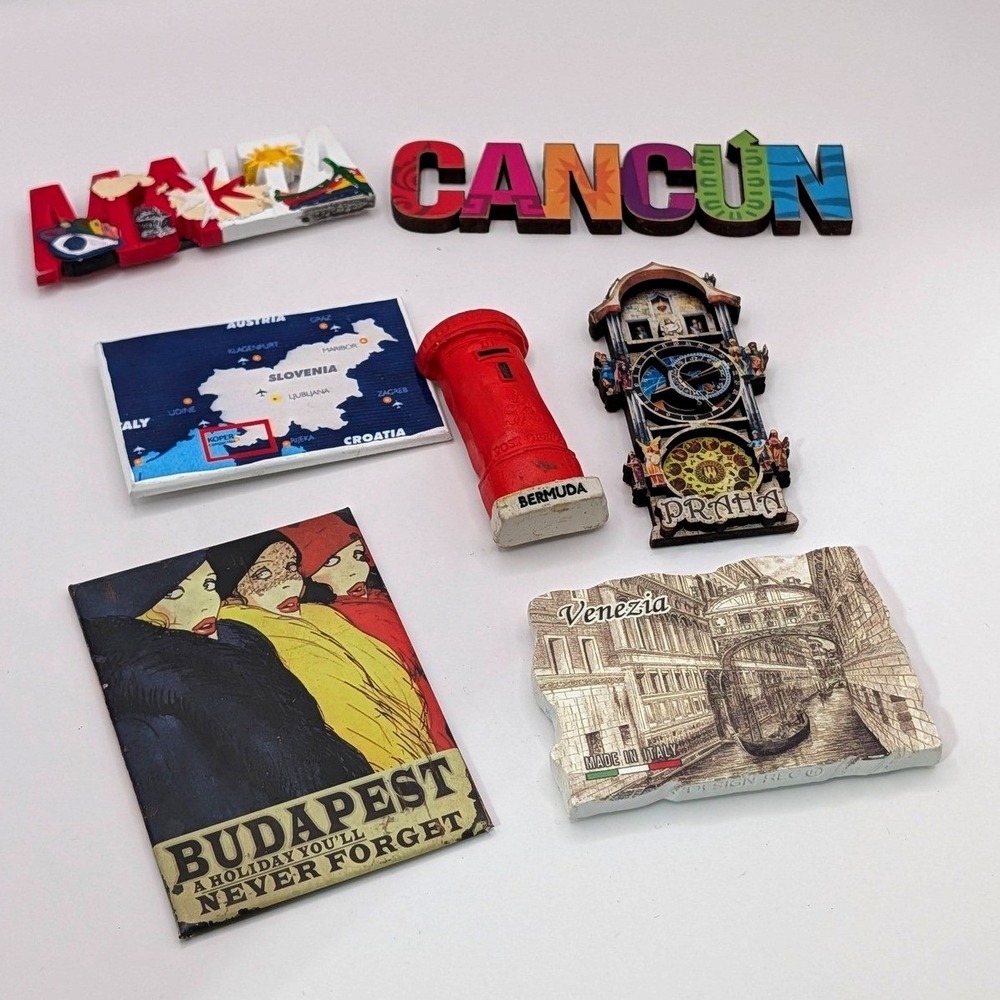 Various Travel Souvenir Magnet Lot Cancun Malta Budapest Praha Venezia Bermuda